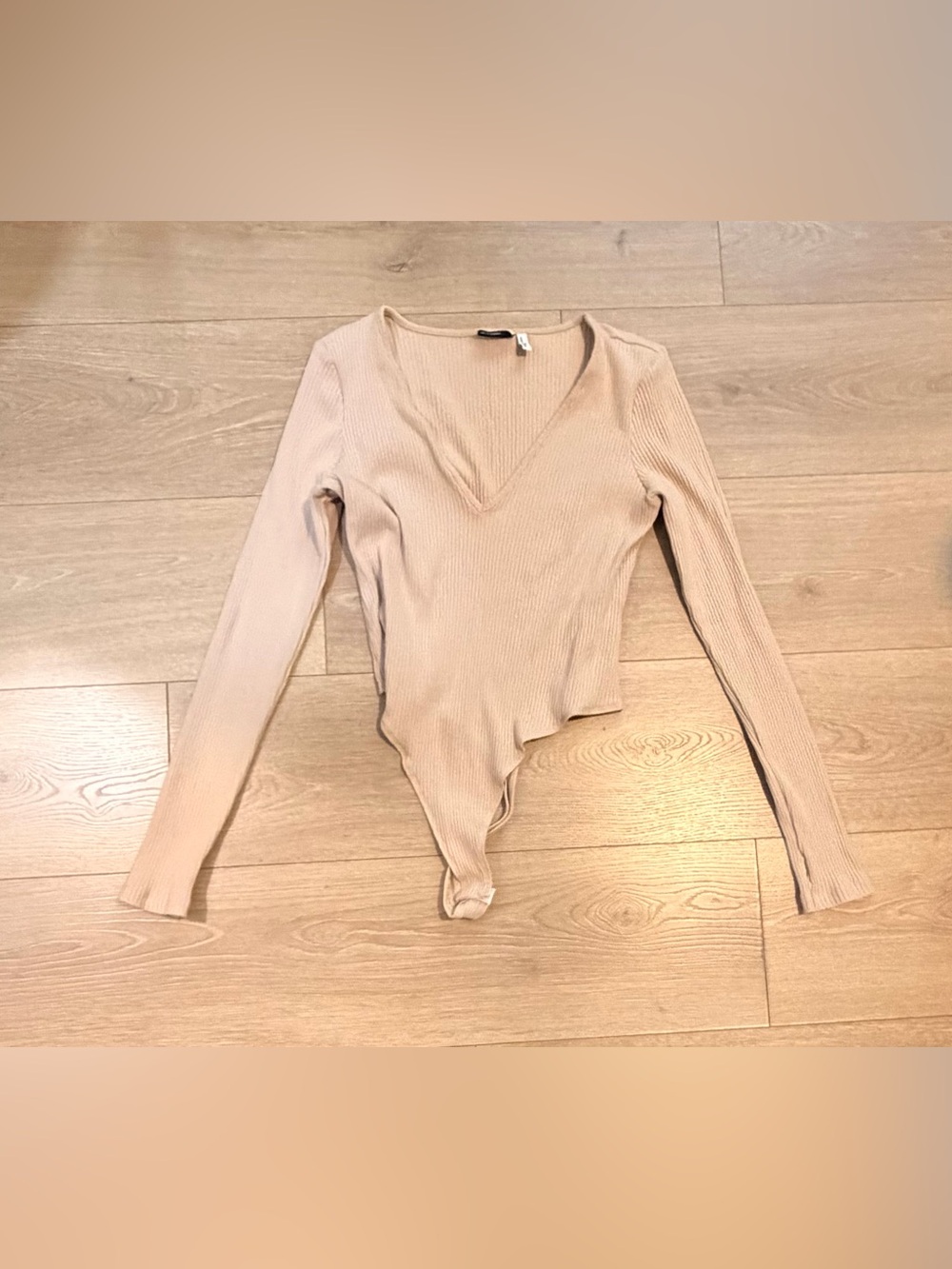 ASOS Ribbed V-Neck Long Sleeve Bodysuit - Beige